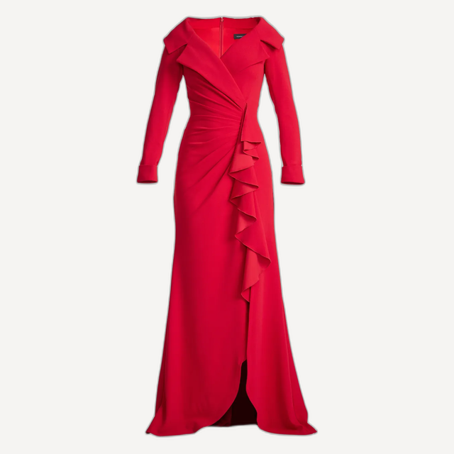 long-sleeve ruffle crepe gown